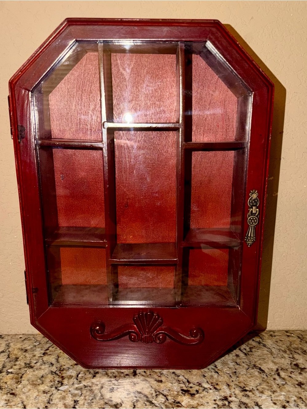 Vintage Wooden Display Curio Cabinet in Deep Cherry Red